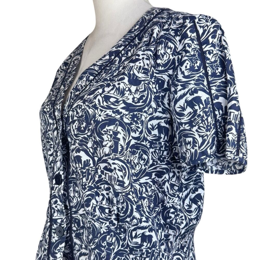 Brora 100% Linen Indigo Blue Vintage Pattern Short Sleeve Button Up V-Neck Top - Picture 6 of 12